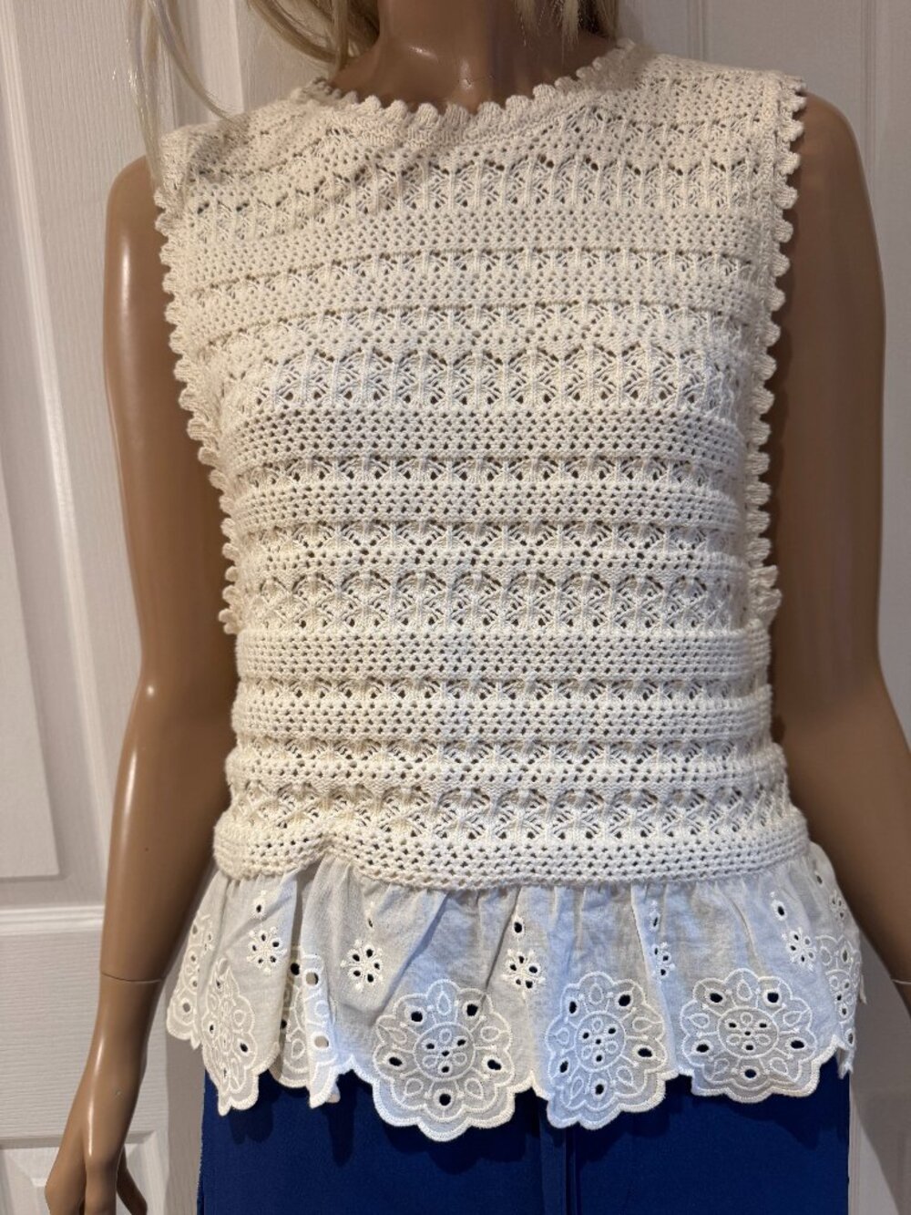 JOIE Ivory Cotton Crochet Knit Eyelet Ruffle Romantic Top NWT